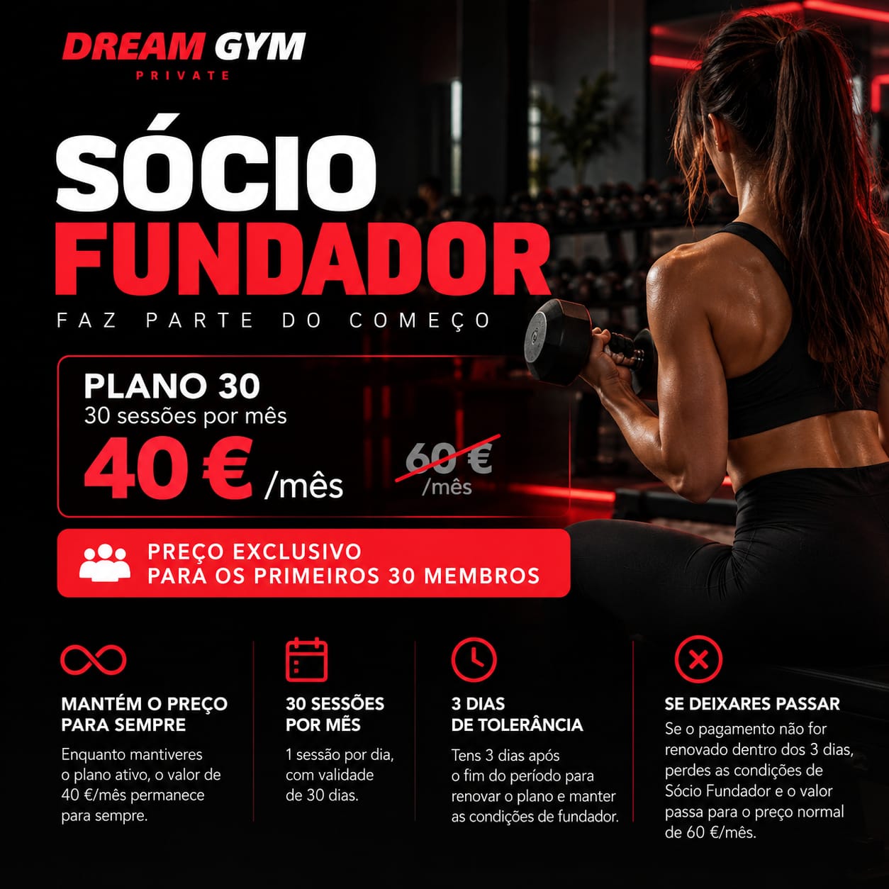 Sócio Fundador Dream Gym: Plano 30, 30 sessões por mês, 40 euros por mês para os primeiros 30 membros. Mantém o preço com renovação contínua e três dias de tolerância.